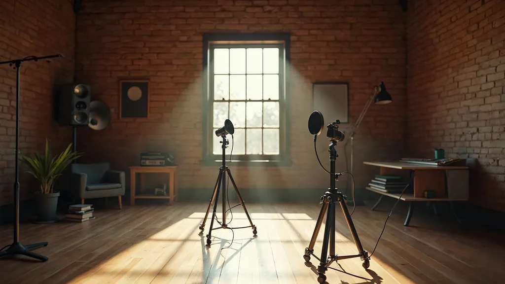 Editorial photograph of an empty podcast studio in a Louisiana brick and timber building with two microphones on boom arms, a camera on a tripod and acoustic panels lit by warm late afternoon light through a tall window