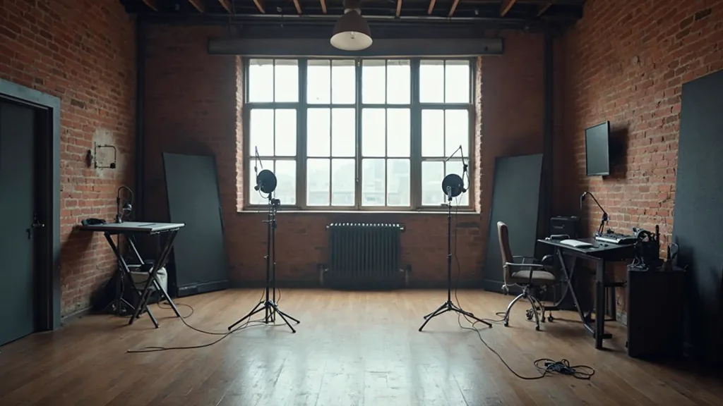 Editorial photograph of an empty podcast studio in a Belfast red-brick warehouse conversion with two microphones on boom arms, a camera on a tripod and acoustic panels lit by soft grey northern daylight through a tall window