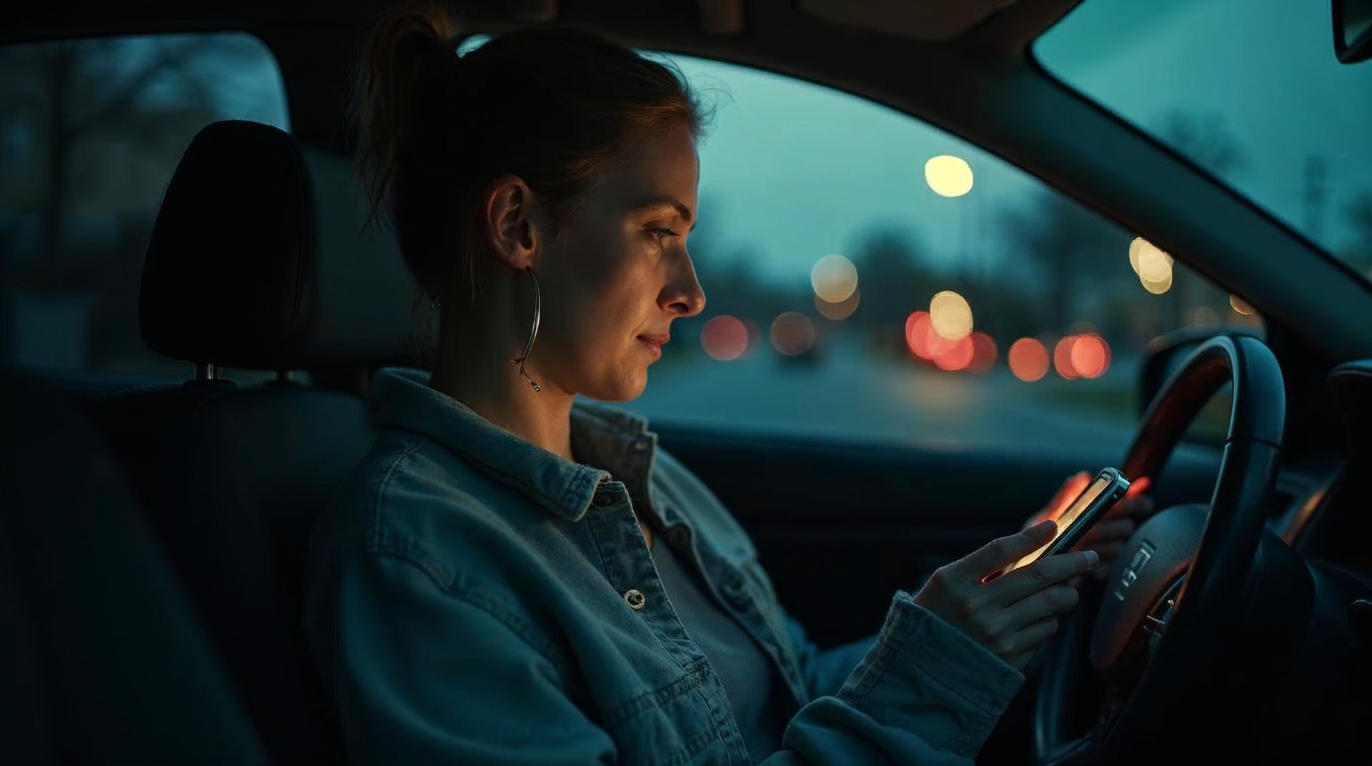 Patient in a parked car at dusk struggling with a slow dental booking page on her phone