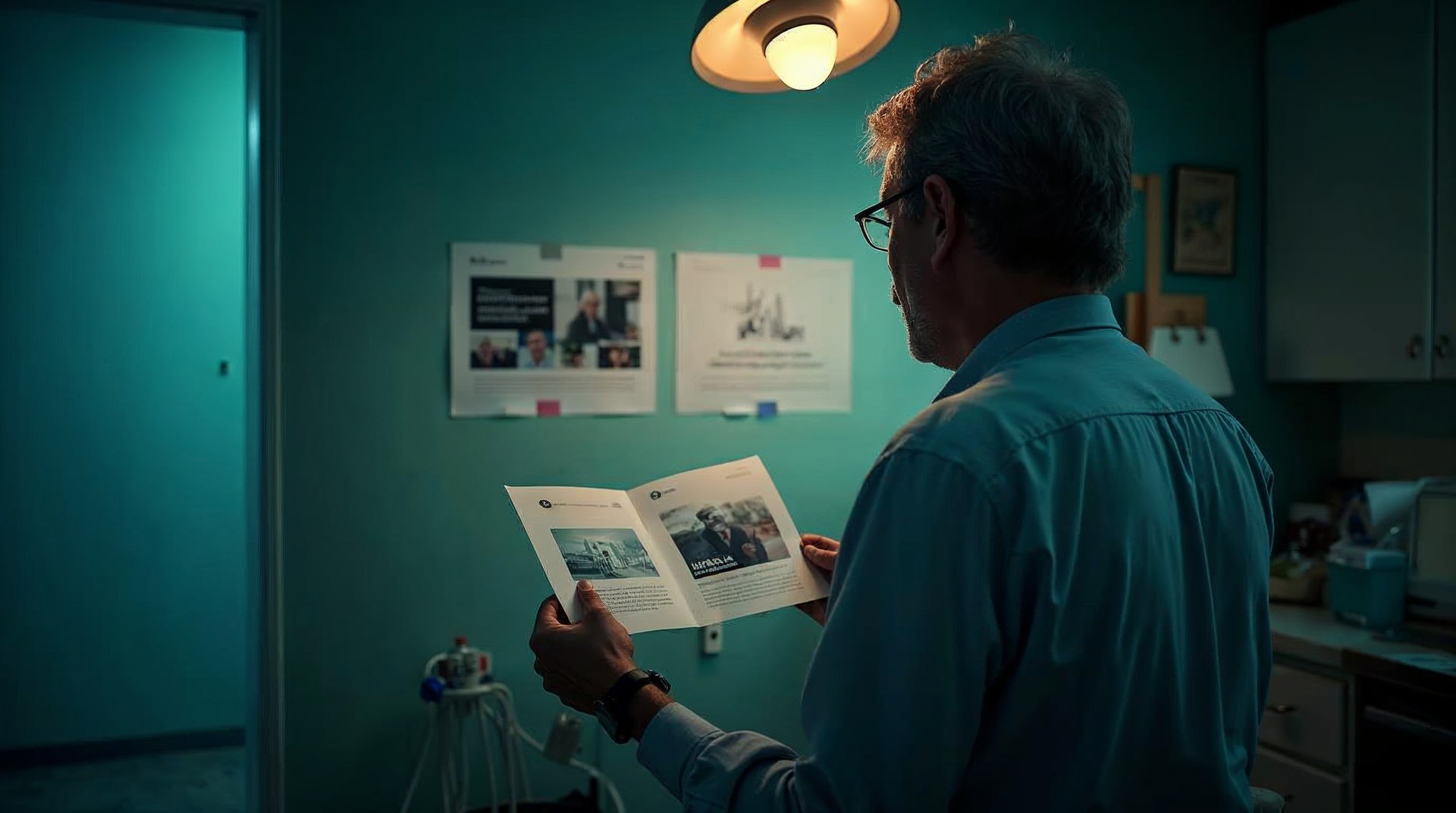 Practice owner comparing two printed website mockups taped to a treatment room wall