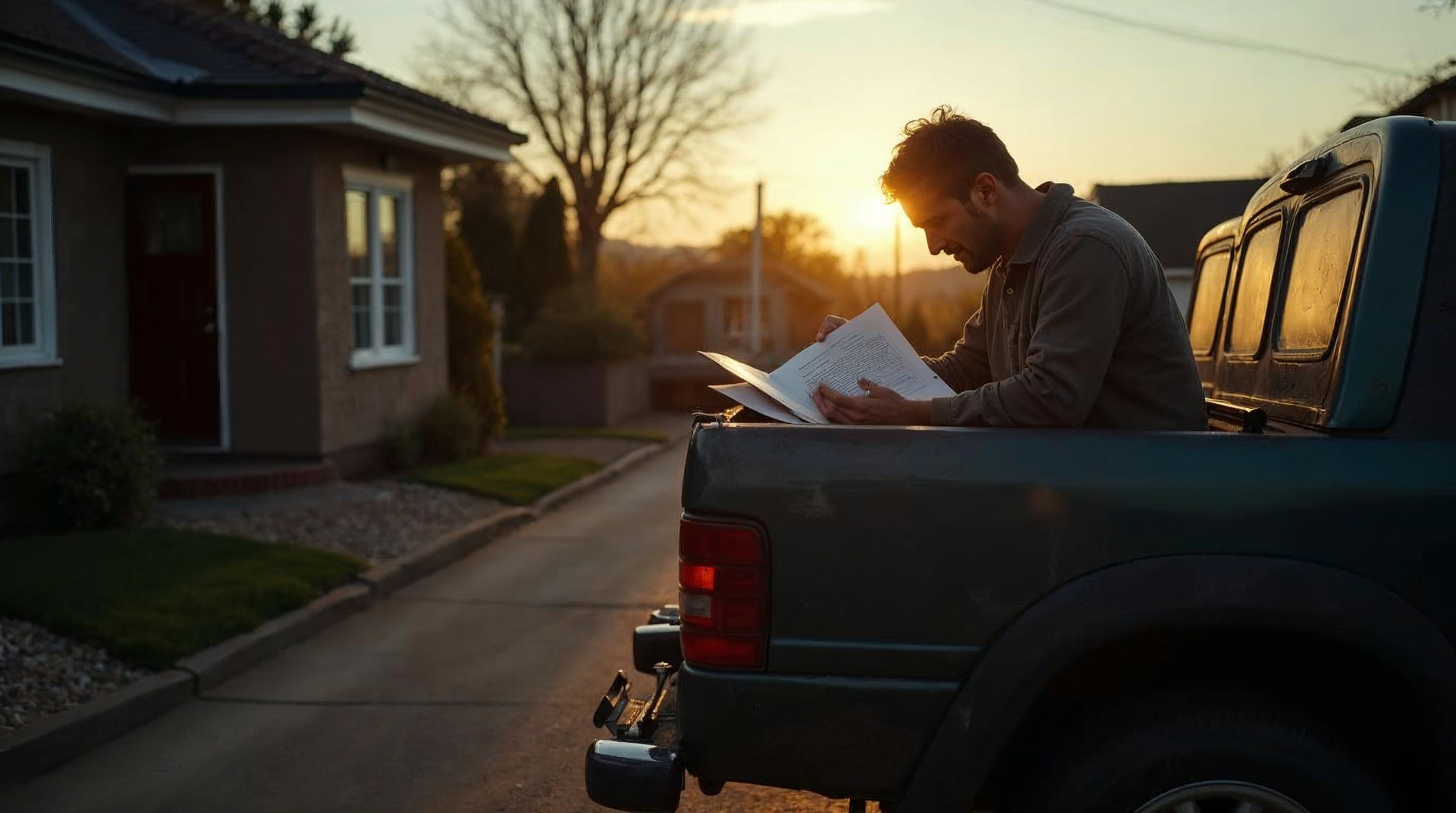 Restoration owner reading a printed lead-cost sheet on a work truck tailgate at dawn