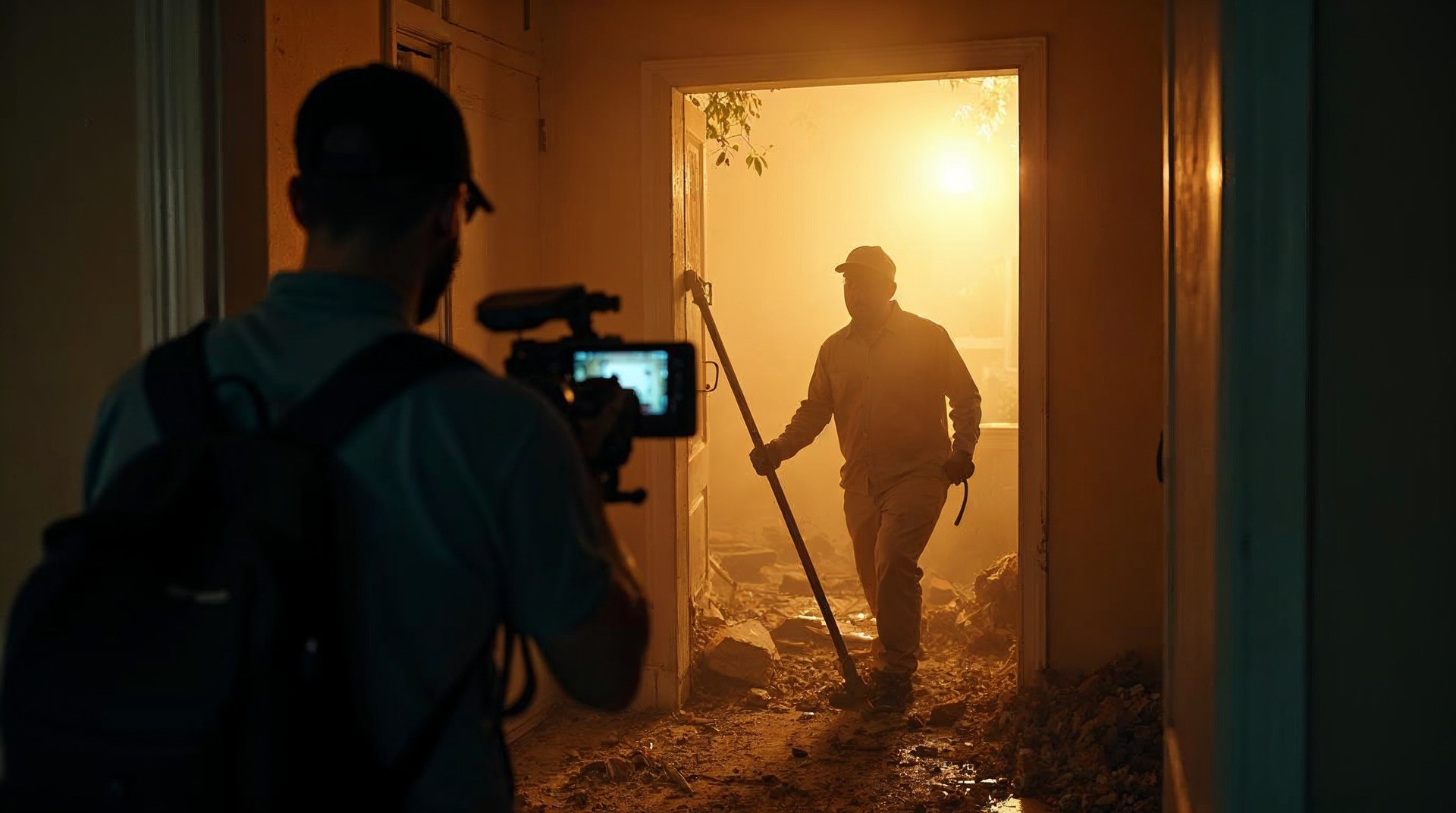 Videographer filming a restoration crew carrying equipment into a smoke-damaged house