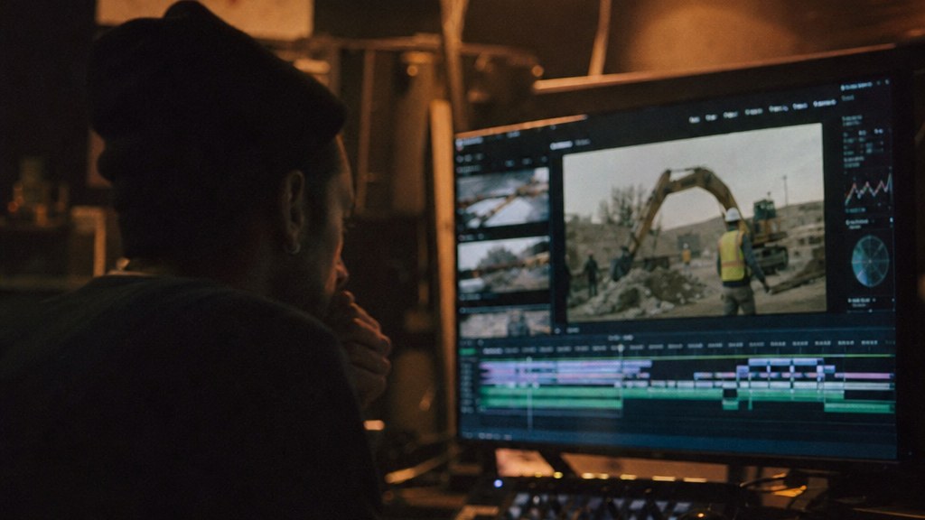 Editor scrubbing through restoration jobsite footage on a monitor in a dark room