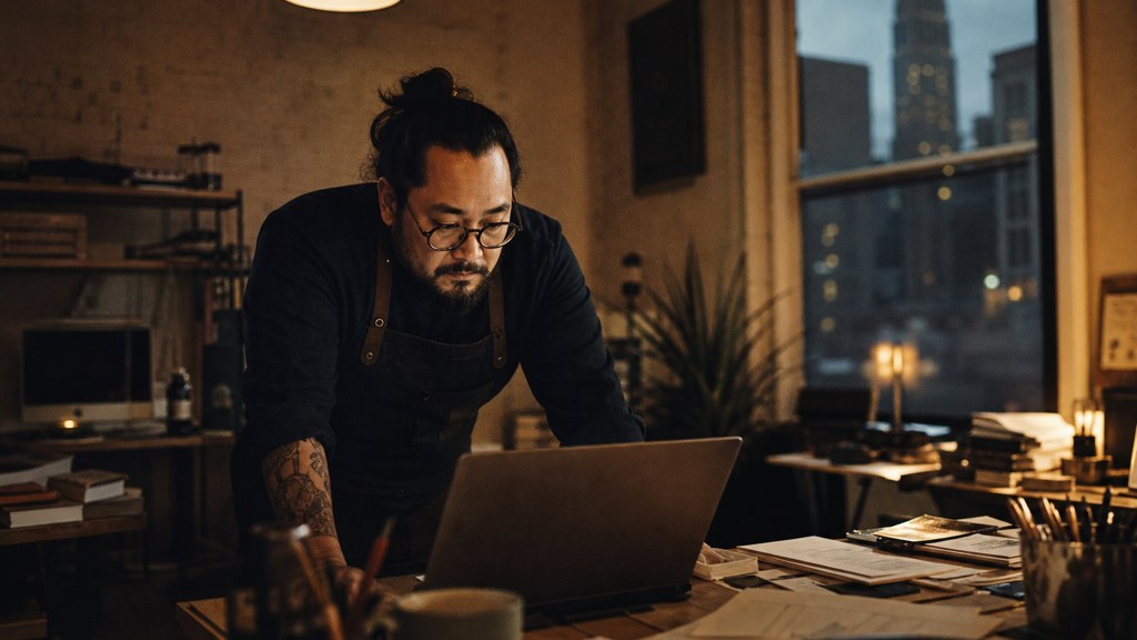 A small-business owner in an apron leaning over a laptop on a cluttered back-office desk late in the day, photographed in Tulsa