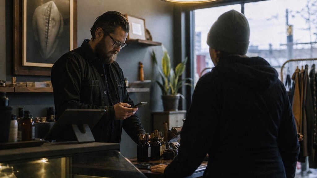 A shop manager standing behind the counter checking a phone while a customer waits at the till, photographed in Tulsa