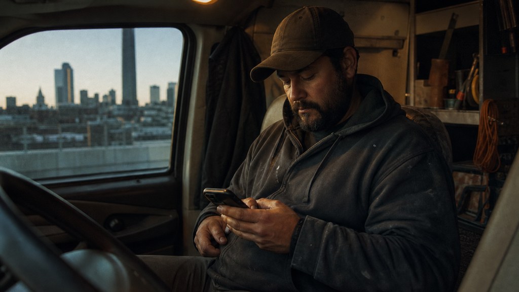 A contractor sitting in the cab of a work van reviewing a phone before driving off, photographed in Tulsa