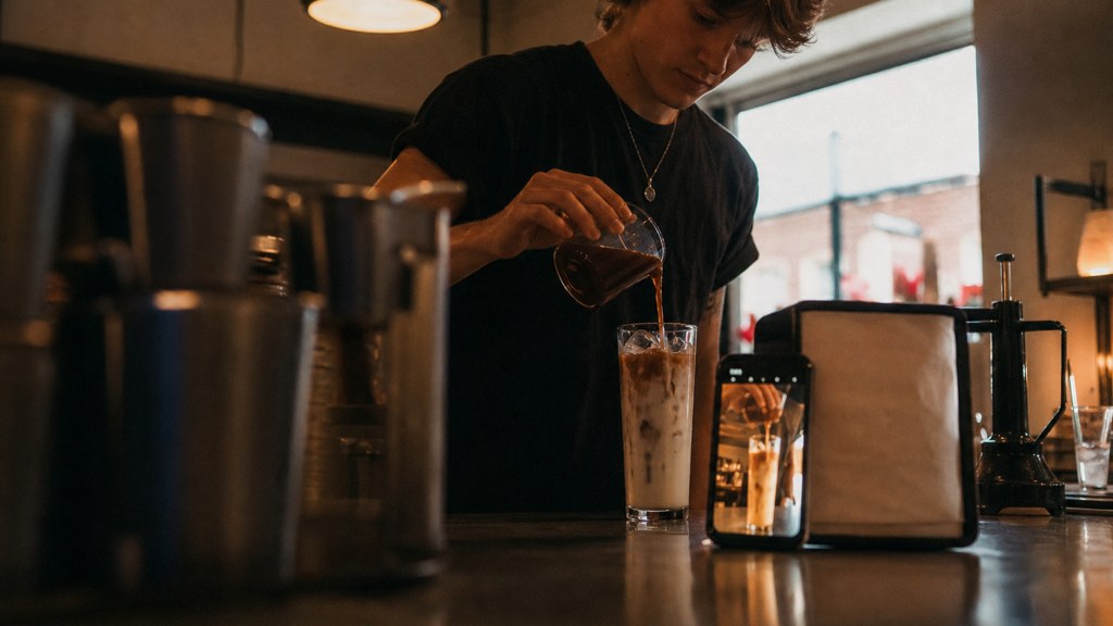 A young cafe worker filming a drink being poured on a phone propped against a napkin holder, photographed in Tulsa