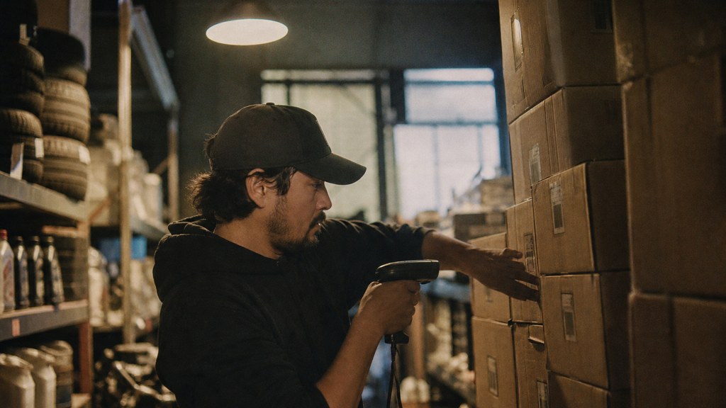 A seller checking barcodes on stacked cartons in a garage stockroom, photographed in Tulsa