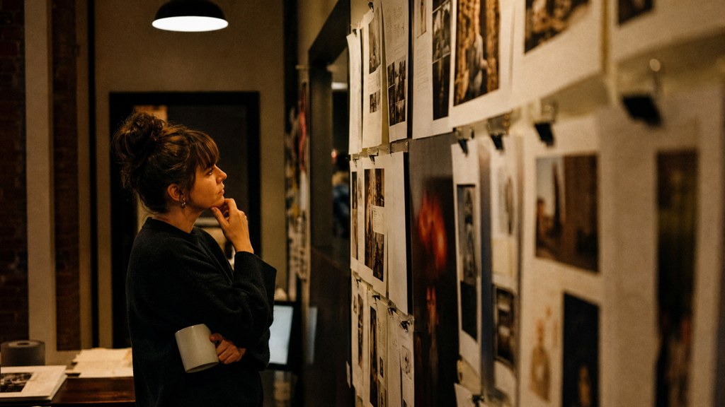 A media planner standing at a wall of printed layouts in a narrow agency corridor, photographed in Tulsa
