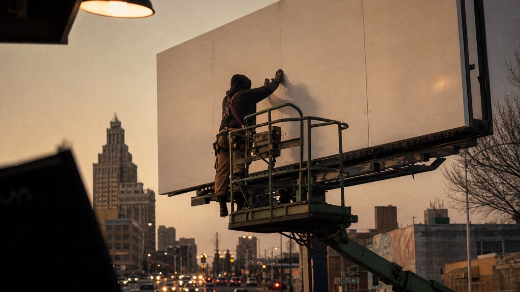 A crew member on a lift installing a blank billboard panel above a busy street, photographed in Tulsa