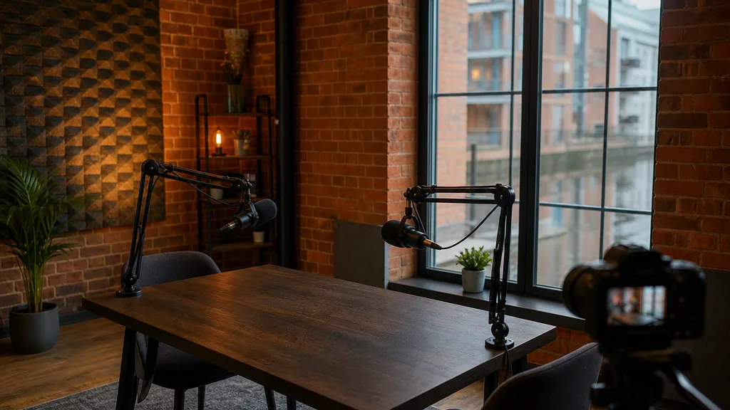 Editorial photograph of an empty podcast studio in a Birmingham red-brick canal-side warehouse conversion with two microphones on boom arms, a camera on a tripod and acoustic panels lit by warm afternoon light through a tall window
