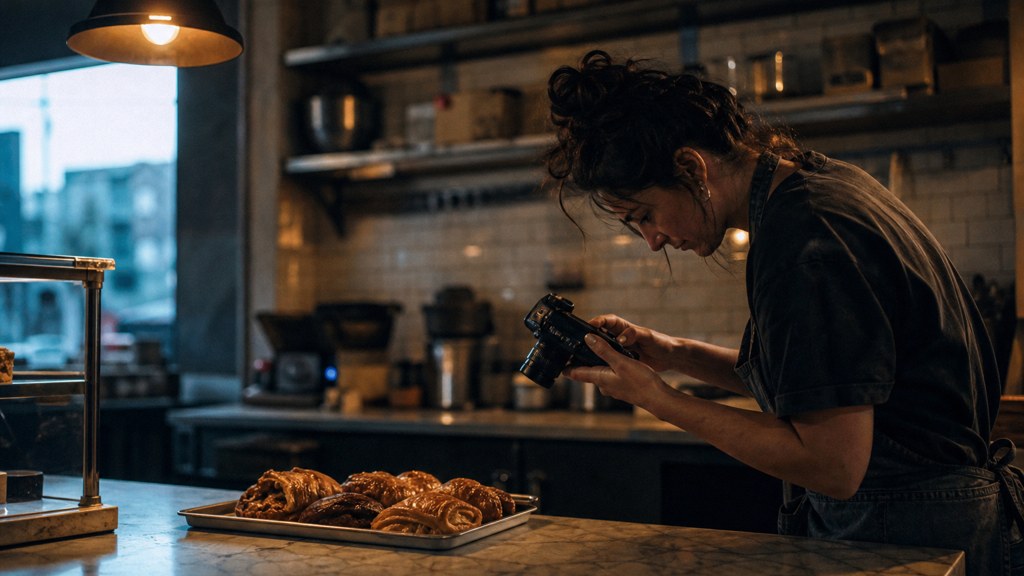 A bakery owner photographing a tray of pastries on a marble counter at dawn, photographed in Tulsa