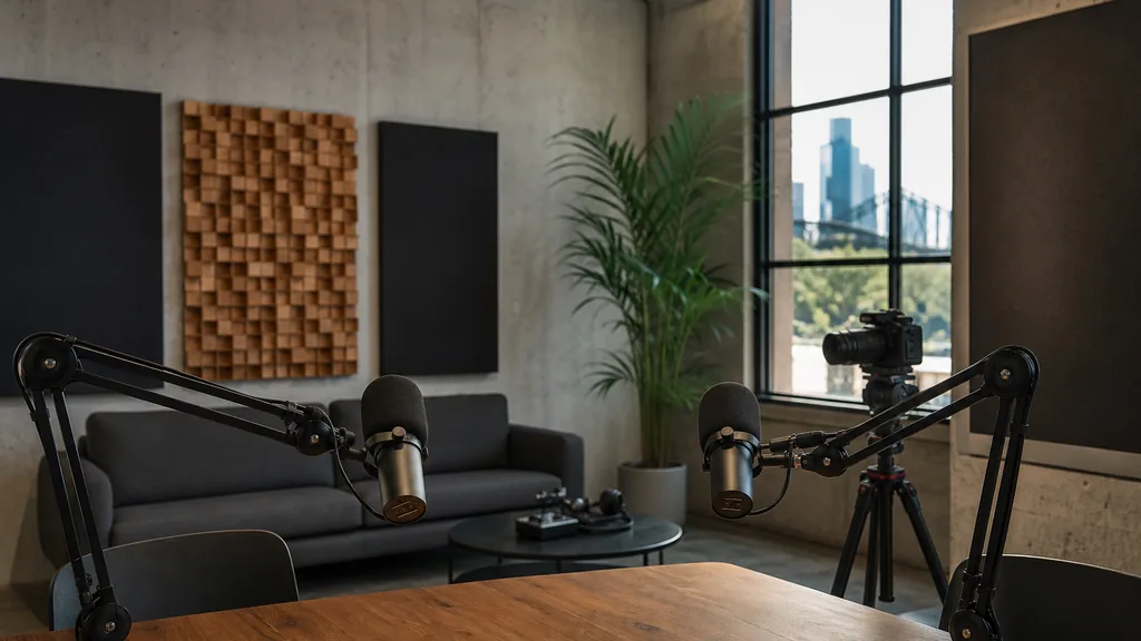 Editorial photograph of an empty podcast studio in a Brisbane warehouse with two microphones on boom arms, a camera on a tripod, acoustic panels and a plant in the corner lit by bright subtropical daylight through a tall window