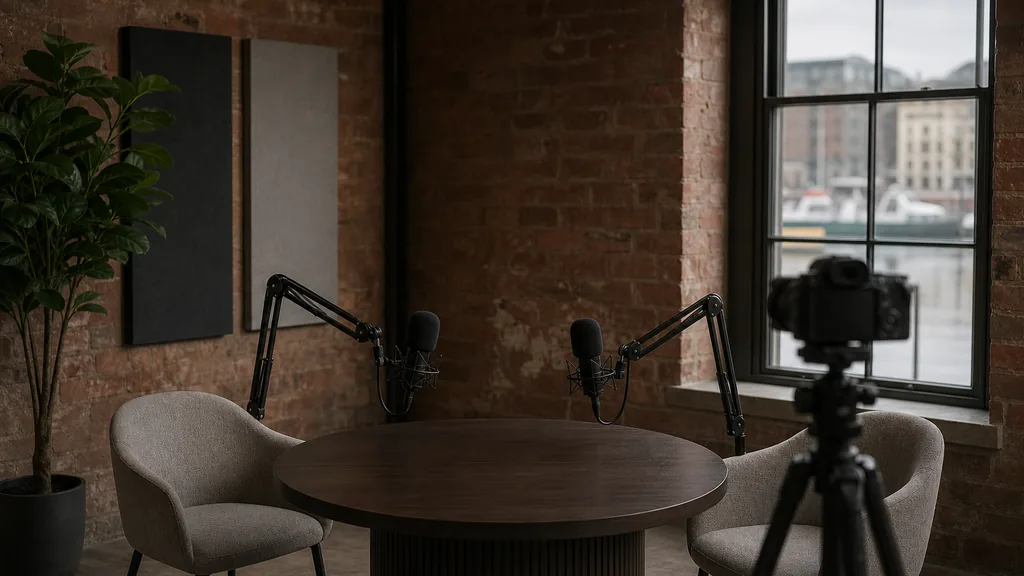 Editorial photograph of an empty podcast studio in a Bristol harbourside brick warehouse conversion with two microphones on boom arms, a camera on a tripod and acoustic panels lit by soft grey west-country daylight through a tall window