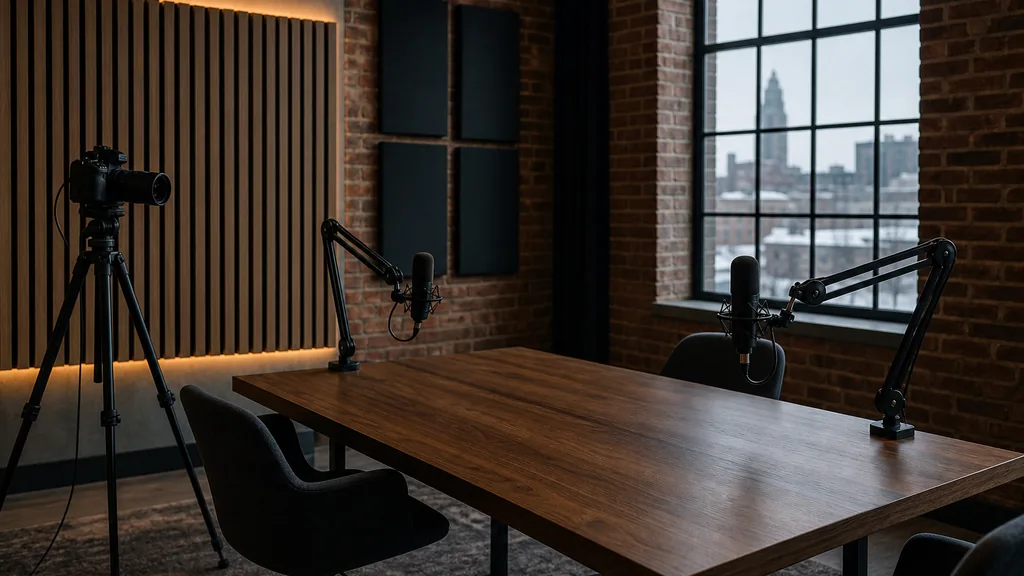 Editorial photograph of an empty podcast studio in a Buffalo brick loft with two microphones on boom arms, a camera on a tripod and acoustic panels lit by cool winter daylight through a tall industrial window