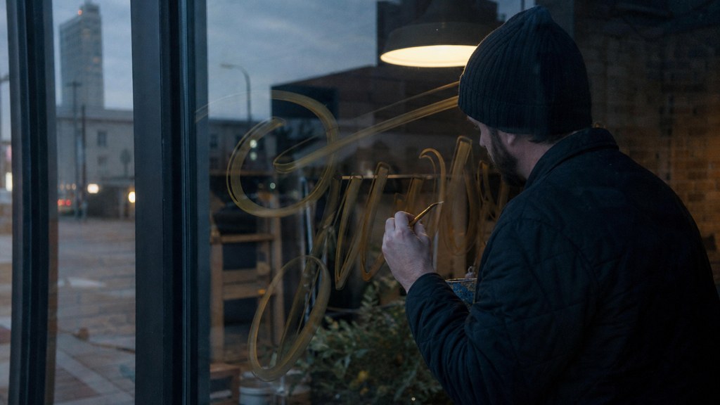 A sign painter finishing gold lettering on a shopfront window from the street side, photographed in Tulsa
