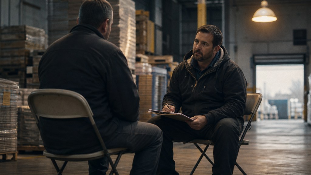 A warehouse supervisor interviewing a candidate on folding chairs beside stacked pallets, photographed in Tulsa