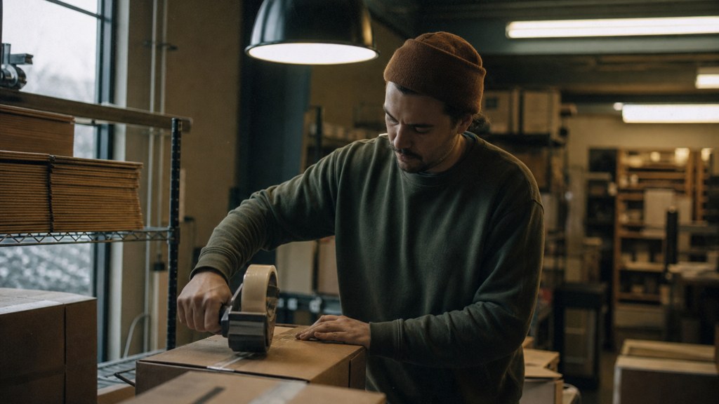 A warehouse worker taping shipping boxes under strip lighting in a small fulfilment room, photographed in Tulsa