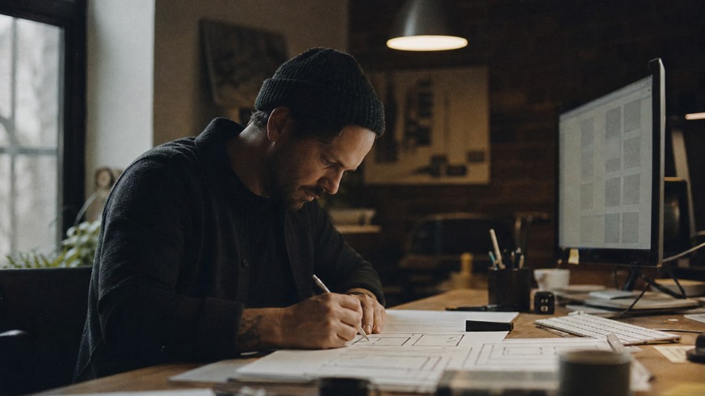 A studio designer sketching a page layout on paper beside a monitor in a dim room, photographed in Tulsa