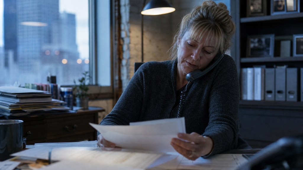 An office manager at a cluttered desk with a landline handset tucked under one ear, photographed in Tulsa