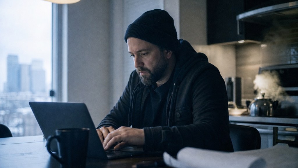 A service-business owner at a kitchen table typing a question into a laptop while a kettle steams behind, photographed in Tulsa