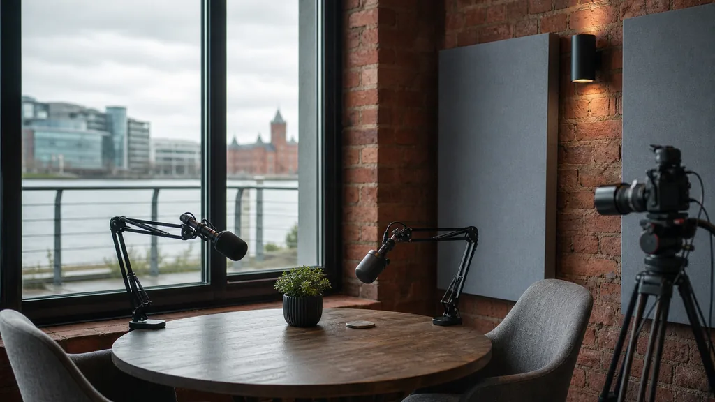 Editorial photograph of an empty podcast studio in a Cardiff Bay brick warehouse conversion with two microphones on boom arms, a camera on a tripod and acoustic panels, looking out through a tall window over the waterfront under soft grey daylight