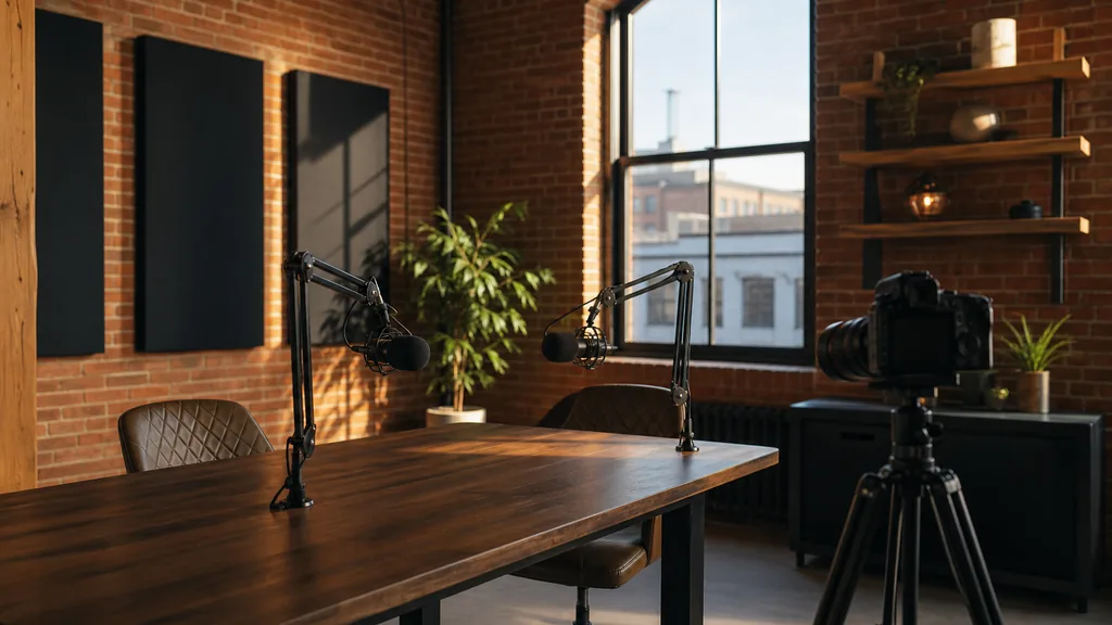 Editorial photograph of an empty podcast studio in a Cincinnati red-brick loft with two microphones on boom arms, a camera on a tripod, acoustic panels and shelving, lit by warm late-afternoon light through a tall industrial window
