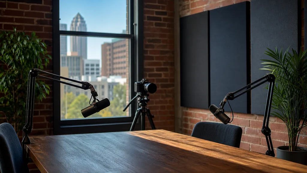 Editorial photograph of an empty podcast studio in a downtown Des Moines brick loft with two microphones on boom arms, a camera on a tripod and acoustic panels, looking out over the city skyline through a tall window in clear daylight