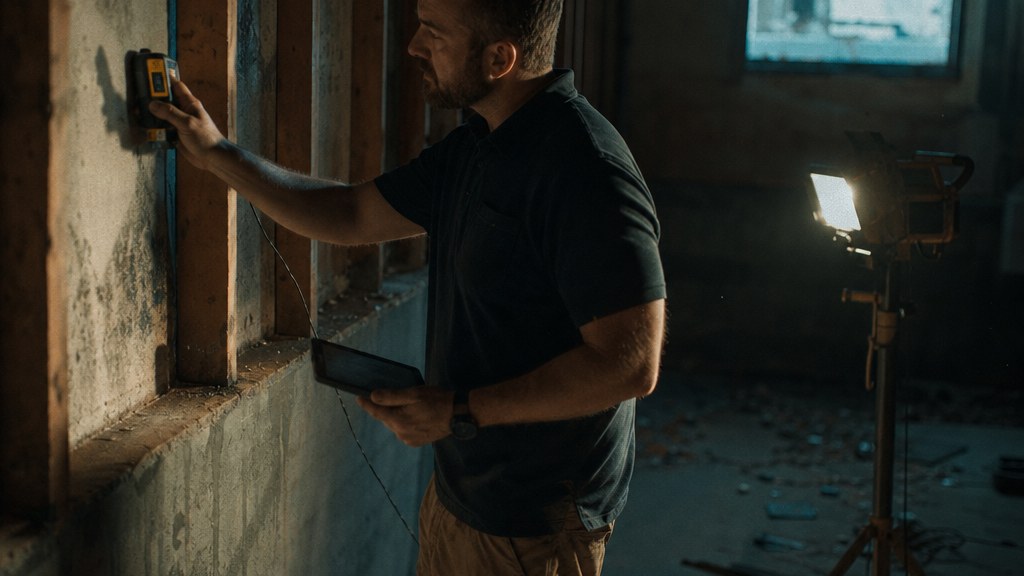Estimator reading a moisture meter against a stripped basement wall under a work light