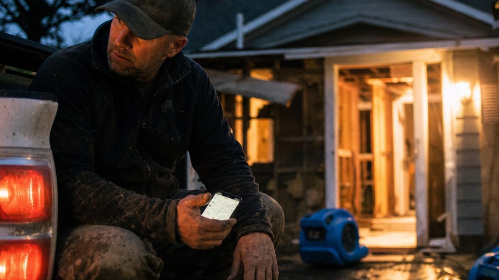 Restoration owner on the tailgate of his truck outside a gutted flood-damaged house at dusk