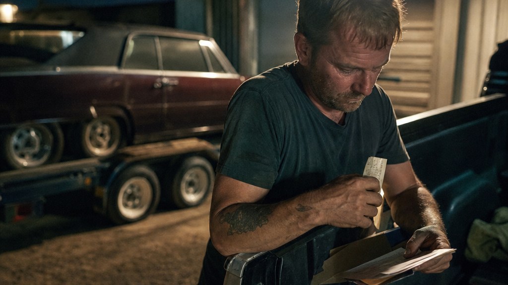 Restoration owner reading an invoice on the tailgate of his truck under a yard floodlight