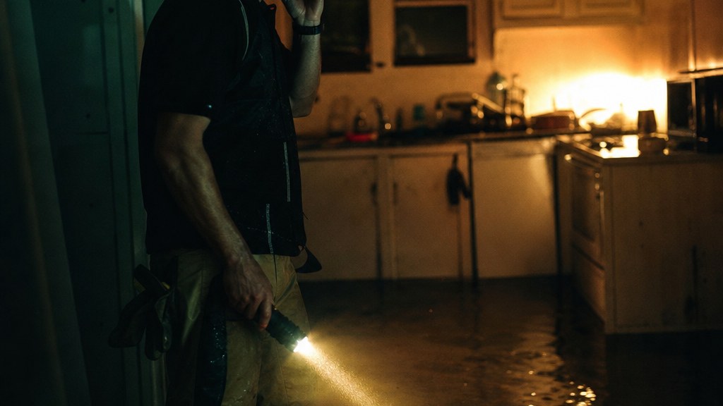 Restoration crew chief standing in a flooded kitchen at night with a torch and a ringing phone