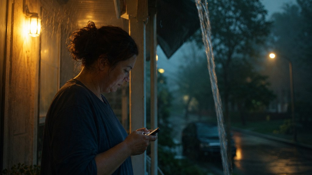 Homeowner sheltering under a porch in the rain using her phone as water pours from a broken gutter