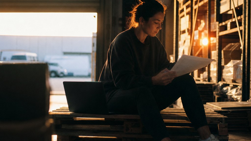 Store owner sitting on a pallet at dawn reading a printed sales sheet in a stockroom
