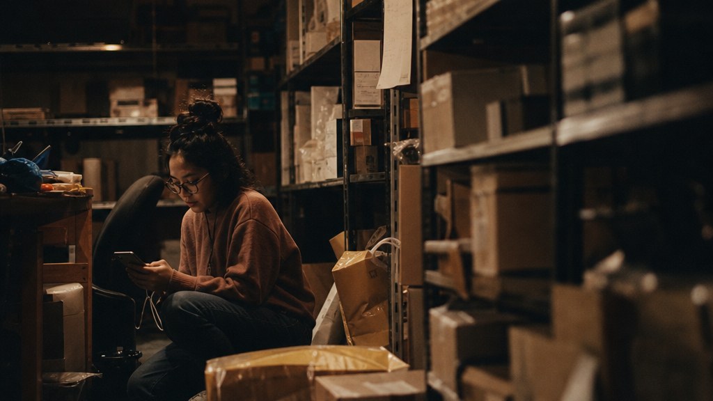 Ecommerce founder crouched between packing shelves in a cramped warehouse late at night with her phone