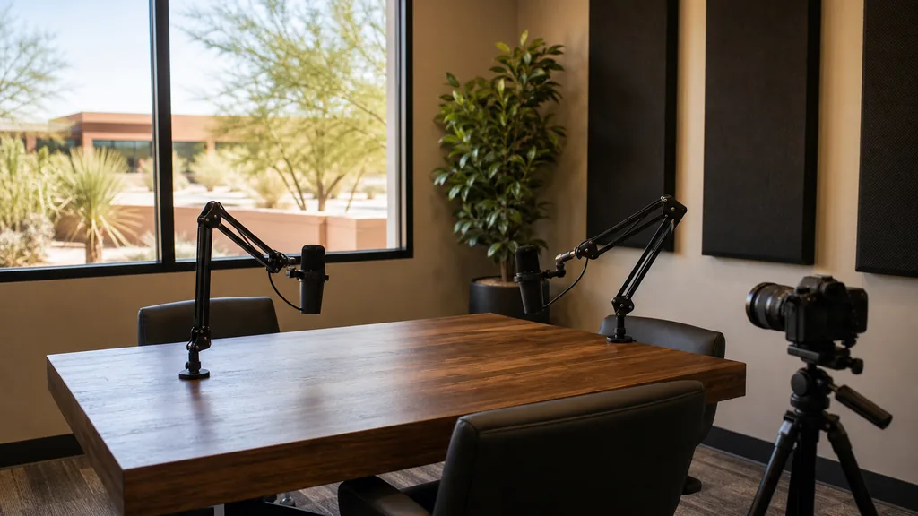 Editorial photograph of an empty podcast studio in a Chandler Arizona office suite with two microphones on boom arms, a camera on a tripod and acoustic panels, lit by bright warm desert daylight through a wide window