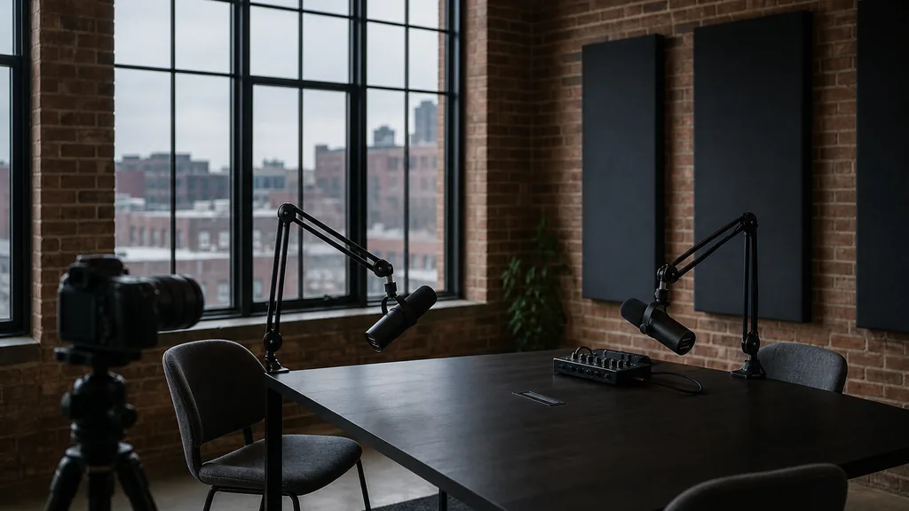 Editorial photograph of an empty podcast studio in a Detroit brick industrial conversion with two microphones on boom arms, a camera on a tripod, acoustic panels and a mixer, lit by cool overcast light through tall steel-framed windows