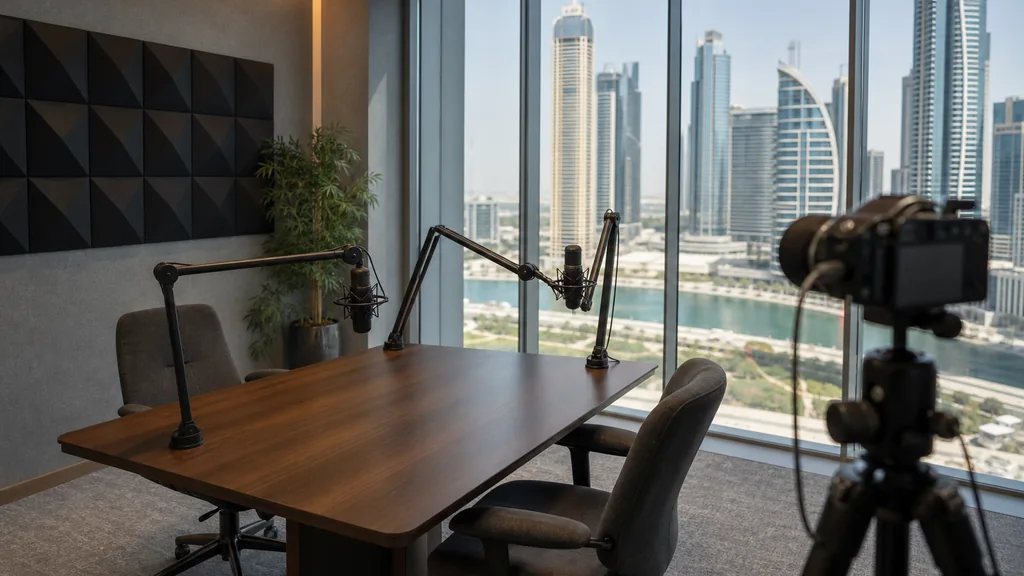 Editorial photograph of an empty podcast studio in a Dubai high-rise Business Bay office with two microphones on boom arms, a camera on a tripod and acoustic panels, bright gulf daylight coming through floor-to-ceiling glass over the skyline