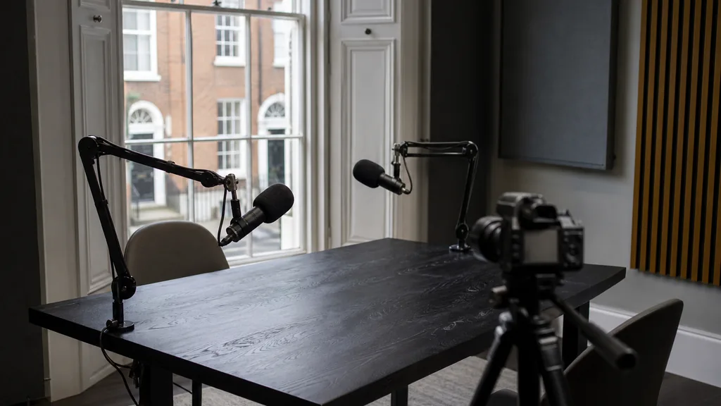 Editorial photograph of an empty podcast studio in a Dublin Georgian building conversion with two microphones on boom arms, a camera on a tripod and acoustic panels, soft grey Irish daylight falling through a tall sash window onto a dark table