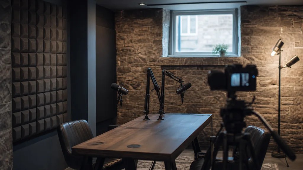 Editorial photograph of an empty podcast studio in an Edinburgh stone tenement basement with two microphones on boom arms, a camera on a tripod, acoustic foam panels and warm lamps against exposed stone, cool daylight coming through a small high window