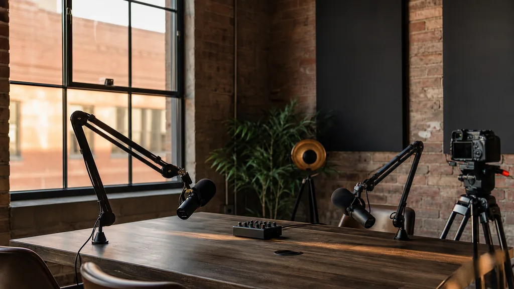 Editorial photograph of an empty podcast studio in a Fort Worth brick warehouse conversion with two microphones on boom arms, a camera on a tripod, acoustic panels and a small mixer on a wooden table, lit by warm late afternoon Texas daylight through a tall industrial window