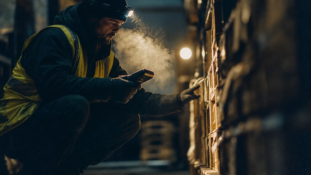 Warehouse worker crouched between shelving racks at dawn scanning a barcode label with a handheld scanner
