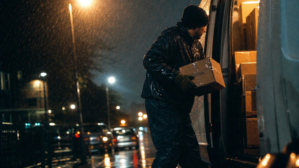 Courier loading parcel boxes into a van in heavy rain at night under a street lamp