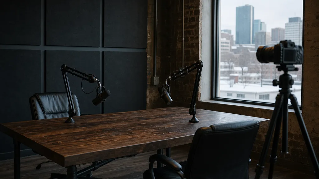 Editorial photograph of an empty podcast studio in a converted Edmonton warehouse with two microphones on boom arms, a camera on a tripod and dark acoustic panels, lit by cold northern winter daylight through a tall window
