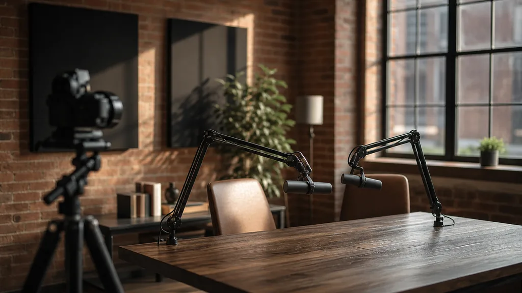 Editorial photograph of an empty podcast studio in a Midwestern brick loft with two microphones on boom arms, a camera on a tripod and acoustic panels, lit by warm morning light through a large industrial window