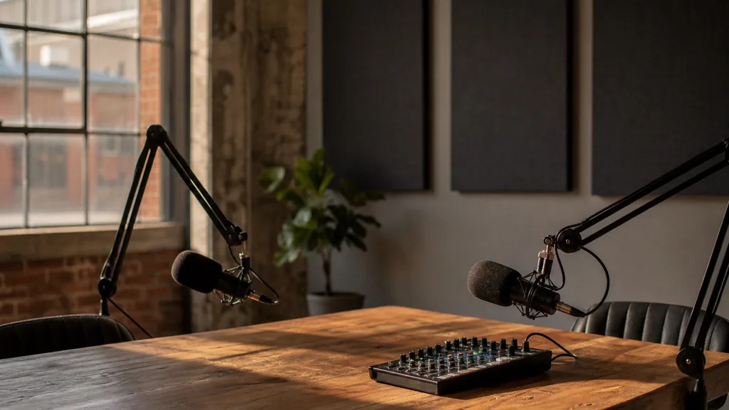 Editorial photograph of an empty podcast recording room in a converted Midwestern industrial building with two microphones on boom arms, a small mixer on a wooden table and acoustic panels, lit by soft late afternoon light