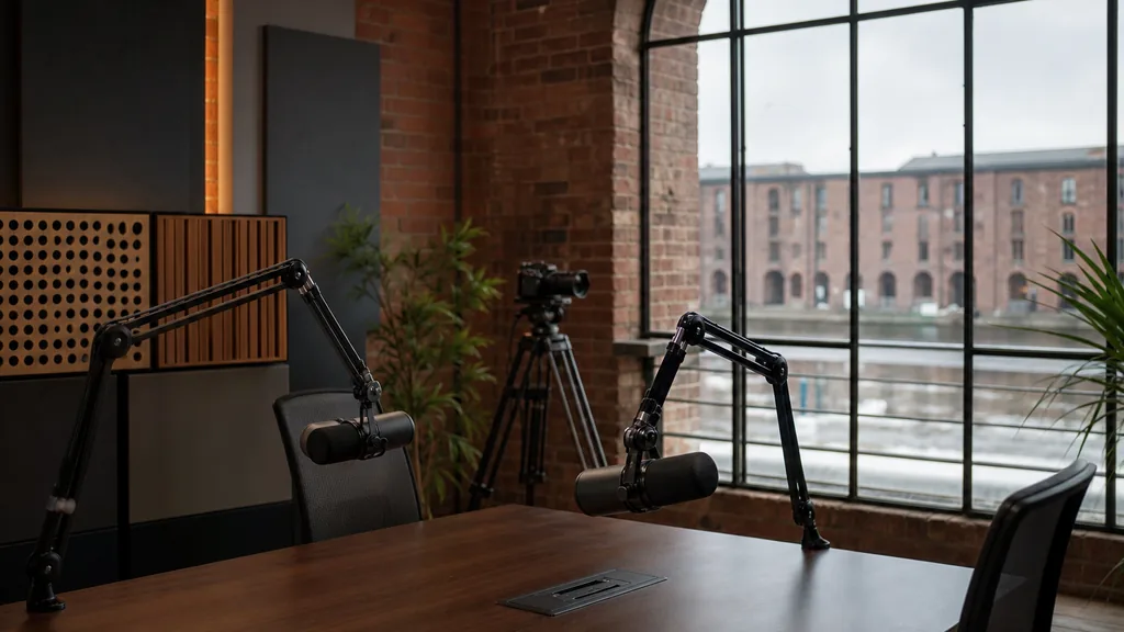 Editorial photograph of an empty podcast studio in a red-brick Victorian dock warehouse conversion with two microphones on boom arms, a camera on a tripod and acoustic panels, lit by soft overcast British daylight through tall arched windows
