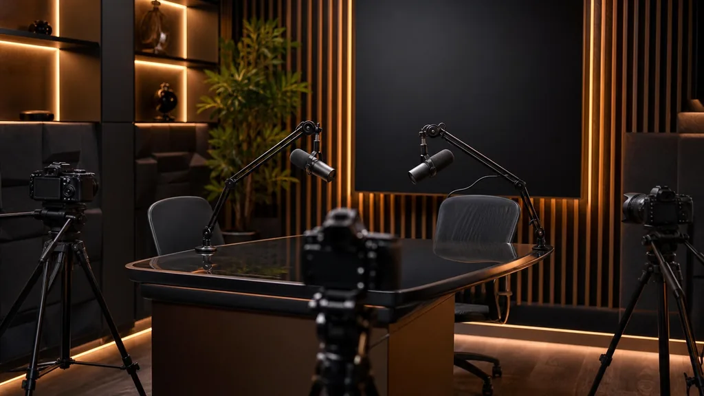 Editorial photograph of an empty high-end podcast studio with dark walls, two microphones on boom arms, three cameras on tripods and warm amber LED accent lighting behind acoustic panels