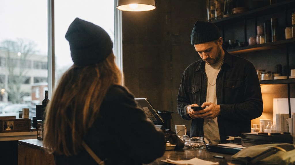 A shop manager standing behind the counter checking a phone while a customer waits at the till, photographed in Virginia Beach