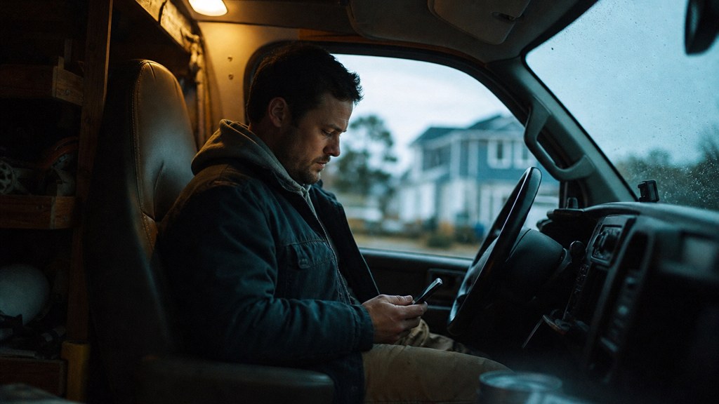 A contractor sitting in the cab of a work van reviewing a phone before driving off, photographed in Virginia Beach